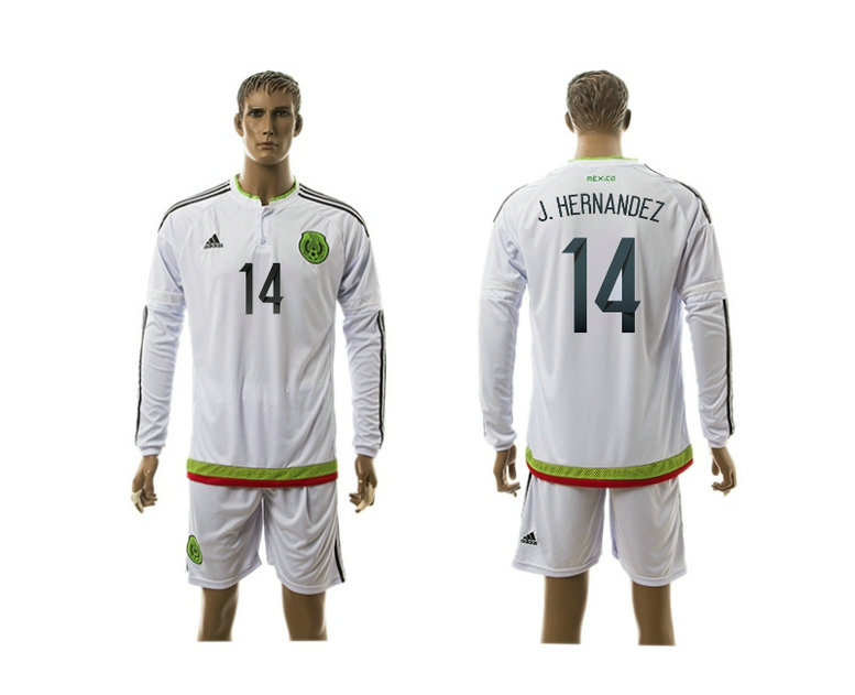 2015-2016 Mexico Soccer Jersey Uniform White Away Long Sleeves #14 J.HERNANDEZ