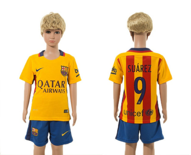 Youth 2015-2016 Barcelona Jersey Soccer Uniform Short Sleeves Yellow #9
