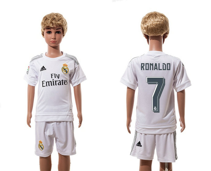Youth 2015-2016 Real Madrid Jersey Soccer Uniform Short Sleeves White #7